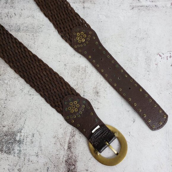 Vintage Bohemian Woven Braided Leather Wide Belt Brown size M main image 4